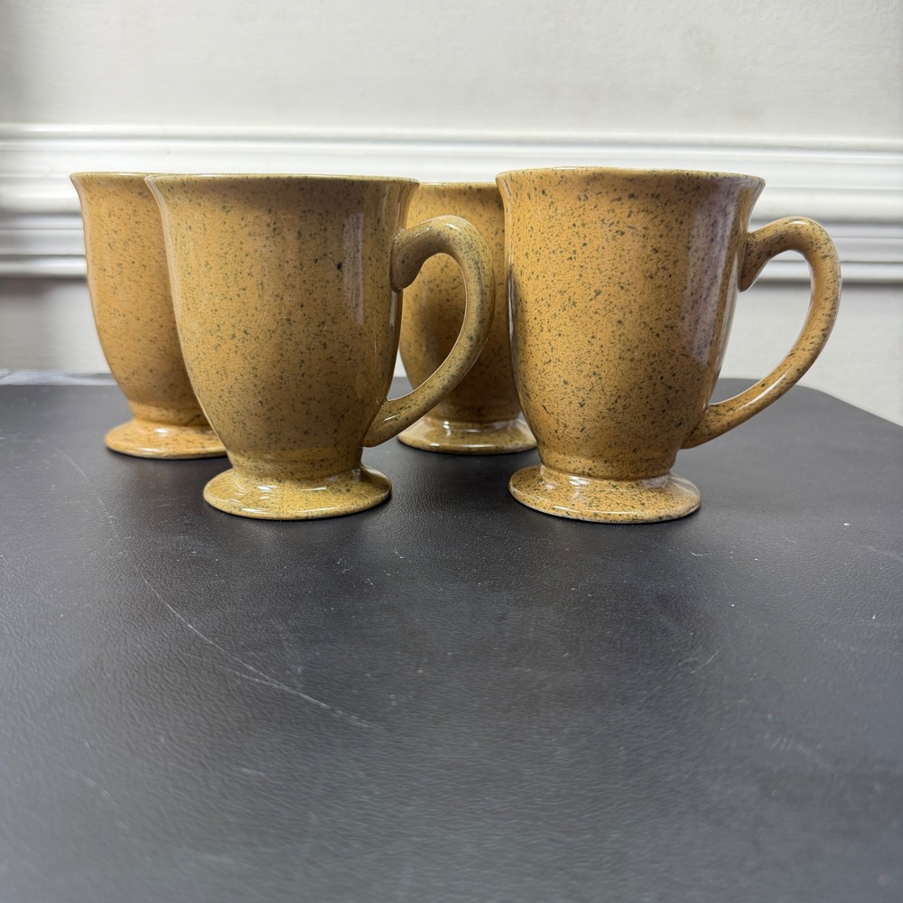 VTG Baileys Coffee Mugs Set of 4 Mustard Yellow 90s teal Speckled Footed